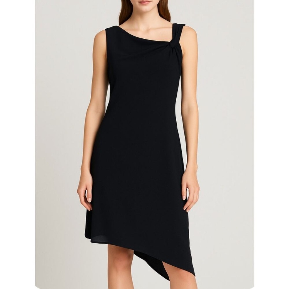 David Meister Asymmetric Chiffon Sheath Cocktail Dress Black‎ 14